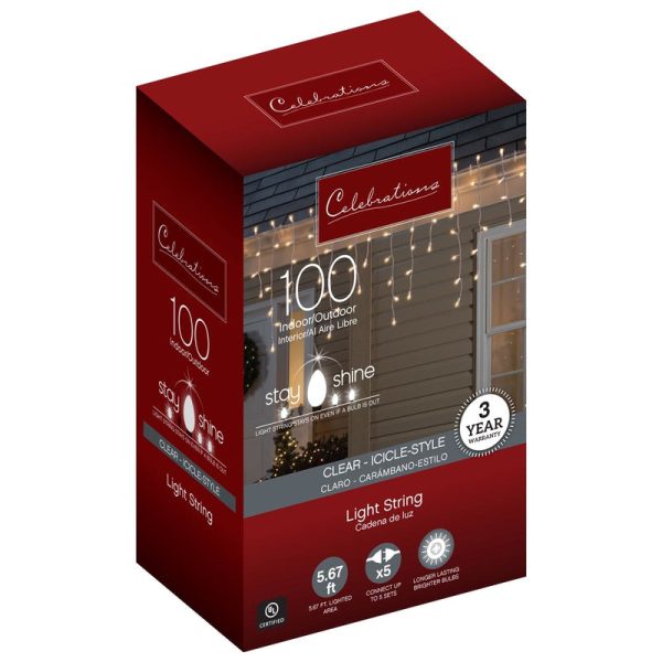 Celebrations Stay Shine Incandescent Mini Clear Warm White 100 ct Icicle Christmas Lights 5.67 ft. Sale