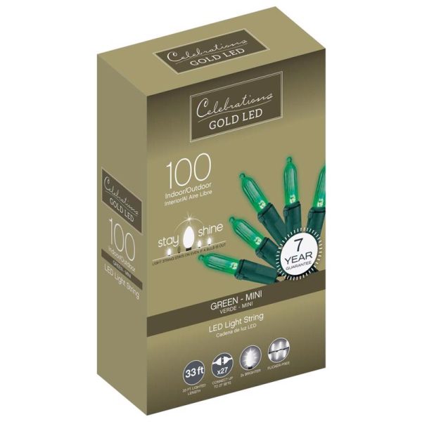 Celebrations Gold LED Mini Green 100 ct String Christmas Lights 33 ft. on Sale