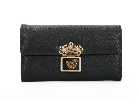 VKP1424 Black  - Chic Leaf Shape Metal Button Flower Pattern Wallet Online