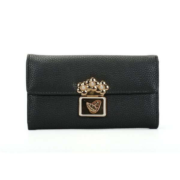 VKP1424 Black  - Chic Leaf Shape Metal Button Flower Pattern Wallet Online