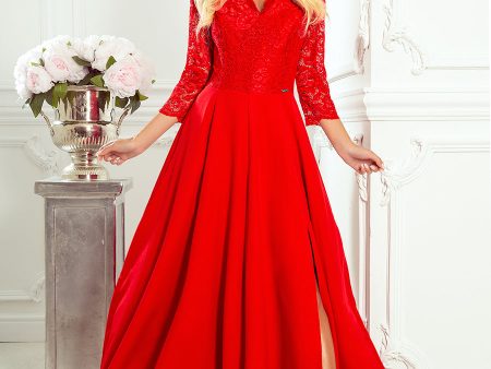 Numoco 309-3 AMBER elegant lace long dress with a neckline - red color For Sale